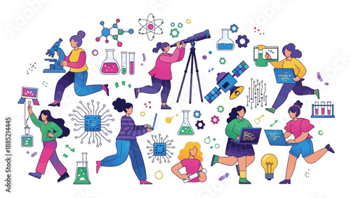 A vibrant illustration of people, including a doctor and a woman, engaging in various science and engineering activities with colorful scientific equipment and symbols on a white background.
