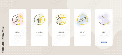 onboarding screen template for road signs mobile app ui with no plug, no children, no bombs, keep left, port icons.