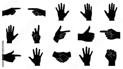 Collection of Black Hand Gestures Silhouettes Isolated on White Background.