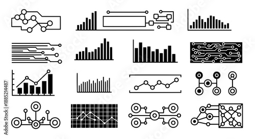 Comprehensive collection of financial bar charts digital circuit lines and network nodes for business analytics and technology dashboard design.