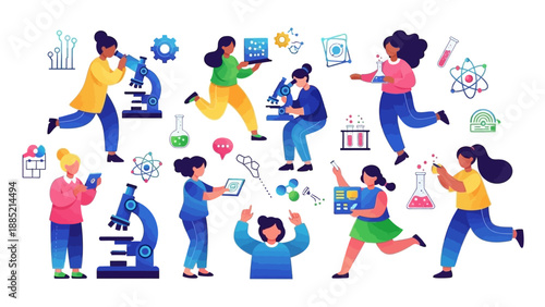 Colorful illustration of diverse people including a doctor and woman engaging in science day activities with various equipment and technology.