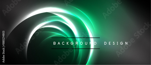 Abstract neon lines create dynamic circular shapes. Dark background enhances glowing effect, modern design element.