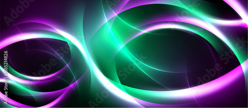 Abstract swirls, vibrant purple, green hues dominate. Bright lines create dynamic energy, dark background contrasts beautifully.