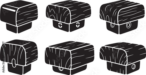 Illustration of various wooden treasure chests in black and white