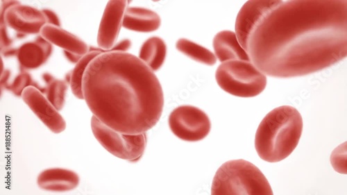 Detailed 3D animation of red blood cells moving through the body, representing human circulatory system and health.