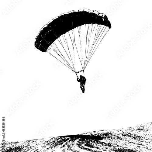 Illustration of a person parachuting with a large parachute over a textured ground surface below them