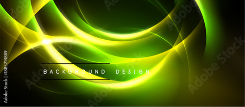 Abstract neon waves, vibrant green yellow hues. Dynamic light effects create modern background design. Smooth curves, energy flow.