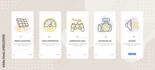onboarding screen template for technology mobile app ui with frontal solar panel, vehicle speedometer, gamepad with cable, cam with big len, no audio icons.