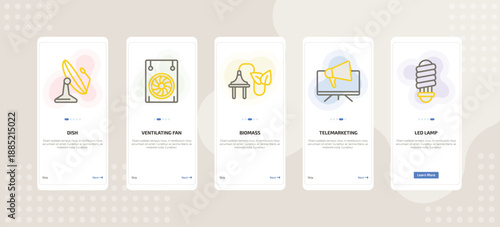 onboarding screen template for technology mobile app ui with dish, ventilating fan, biomass, telemarketing, led lamp icons.