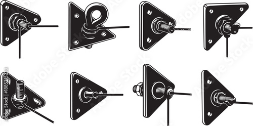 Detailed illustrations of various metal hook and bolt assemblies