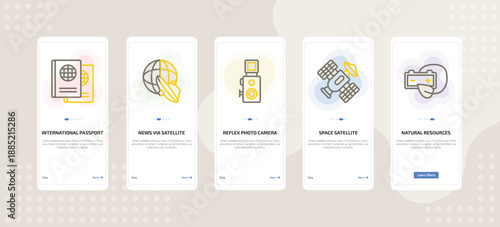 onboarding screen template for technology mobile app ui with international passport, news via satellite, reflex photo camera, space satellite, natural resources icons.