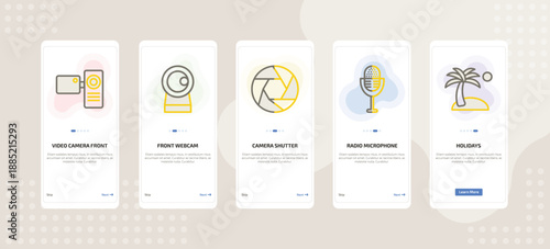 onboarding screen template for technology mobile app ui with video camera front view, front webcam, camera shutter, radio microphone, holidays icons.