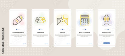 onboarding screen template for technology mobile app ui with inclined pendrive, customers, received, basic calculator, pitching hine icons.