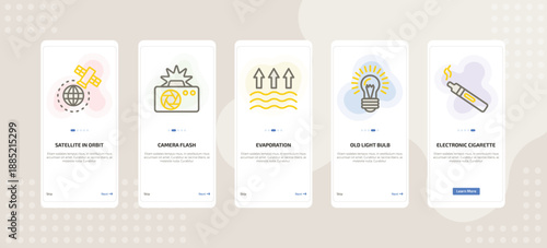 onboarding screen template for technology mobile app ui with satellite in orbit, camera flash, evaporation, old light bulb, electronic cigarette icons.