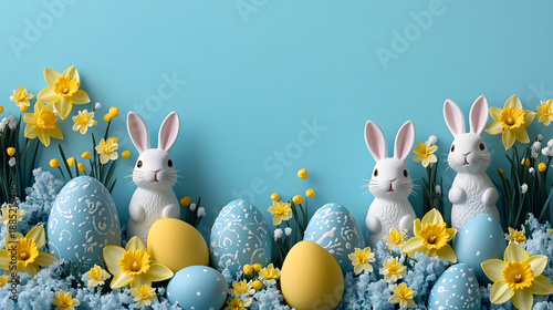 Colorful Easter decoration with bunnies, flowers, and eggs on a blue background during spring