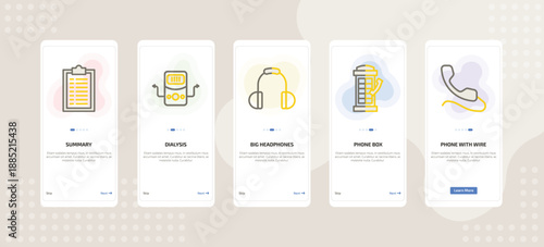 onboarding screen template for technology mobile app ui with summary, dialysis, big headphones, phone box, phone with wire icons.