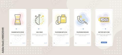 onboarding screen template for technology mobile app ui with scanner with cover, half hour, telephone with fax, telephone receiver, battery two bars icons.
