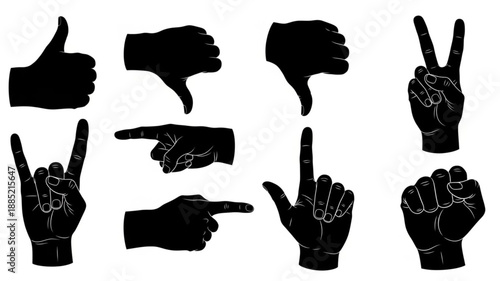 Collection of Black Hand Gestures Silhouettes Isolated on White Background.