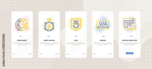 onboarding screen template for technology mobile app ui with radar sweep, robot vacuum, css3, kerning, content marketing icons.