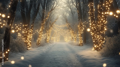 Snowy path, winter forest, lights, magic, Christmas, card, background, design