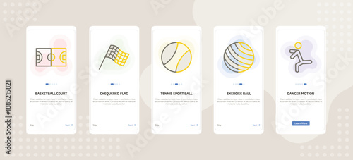 onboarding screen template for fitness mobile app ui with basketball court, chequered flag, tennis sport ball, exercise ball, dancer motion icons.