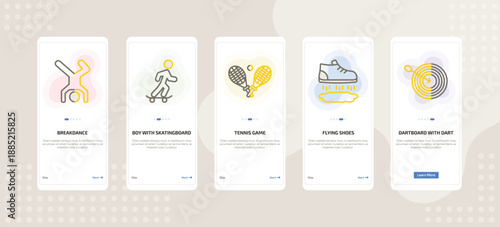 onboarding screen template for fitness mobile app ui with breakdance, boy with skatingboard, tennis game, flying shoes, dartboard with dart icons.