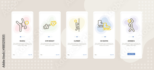 onboarding screen template for fitness mobile app ui with wushu, gym weight, climber, ice skates, aerobics icons.