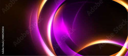 Abstract design features glowing curves, vibrant purple, orange hues against dark background. Dynamic composition creates modern aesthetic.