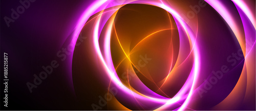 Abstract design features vibrant purple, orange glows. Circular shapes overlap creating dynamic visual effect. Dark background enhances luminosity.