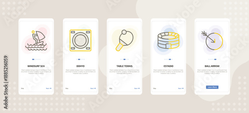 onboarding screen template for fitness mobile app ui with windsurf sea, dohyo, table tennis, estadio, ball arrow icons.