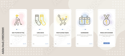 onboarding screen template for fitness mobile app ui with golf player hitting, long socks, man playing tennis, scoreboard, medal with number 1 icons.