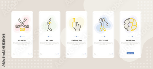 onboarding screen template for fitness mobile app ui with ice hockey, bats man, starting gun, golf player, soccer ball icons.