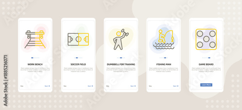 onboarding screen template for fitness mobile app ui with work bench, soccer field, dumbbell for fitness training, fishing man, game board icons.