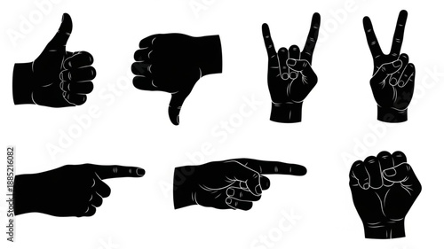 Collection of Black Hand Gestures Silhouettes Isolated on White Background.