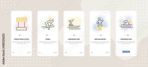 onboarding screen template for fitness mobile app ui with tower from a chess, skiing, swimming jump, man balancing, swimming man icons.