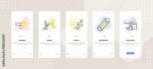 onboarding screen template for fitness mobile app ui with mawashi, boxing, sprint, snowboard, skier skiing icons.