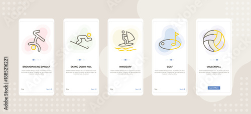 onboarding screen template for fitness mobile app ui with breakdancing dancer, skiing down hill, windsurf, golf, volleyball icons.