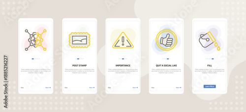 onboarding screen template for marketing mobile app ui with , post stamp, importance, quit a social like icon