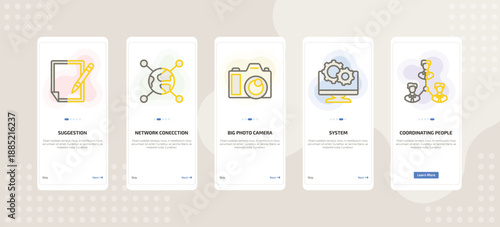 onboarding screen template for marketing mobile app ui with suggestion, network conecction, big photo camera, system, coordinating people icons.
