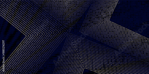 Navy blue abstract background with halftone golden lines delicate pattern. Small light spot box. Curve line, cosmic galaxy space. Festive BG for social media, birthday party invitation.