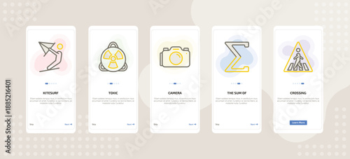 onboarding screen template for signs mobile app ui with kitesurf, toxic, camera, the sum of, crossing icons.