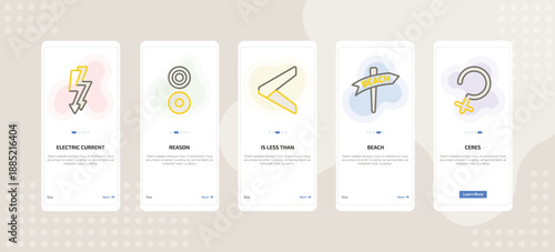 onboarding screen template for signs mobile app ui with electric current, reason, is less than, beach, ceres icons.