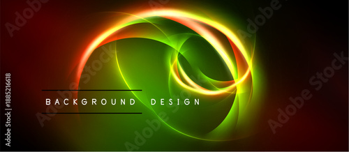 Abstract glowing swirls, vibrant colors blend. Dark background emphasizes bright energy, modern design element. Text reads background design.