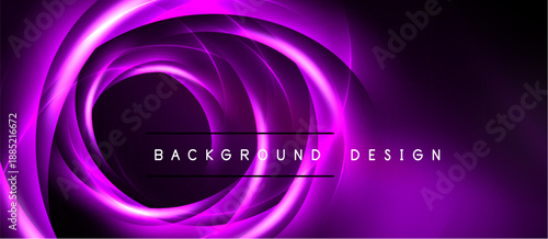 Abstract purple swirls create dynamic background. Text reads background design centered within glowing layers. Dark space surrounds vibrant illumination.