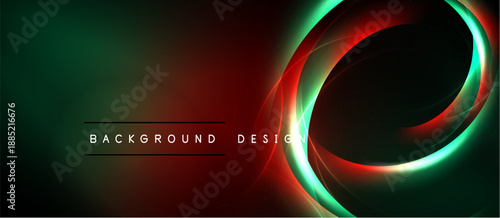 Dark abstract background. Neon swirls, red, green, black colors create dynamic visual effect. Modern design element.