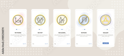 onboarding screen template for symbols mobile app ui with no fishing, no step, no alcohol, music, nuclear icons.