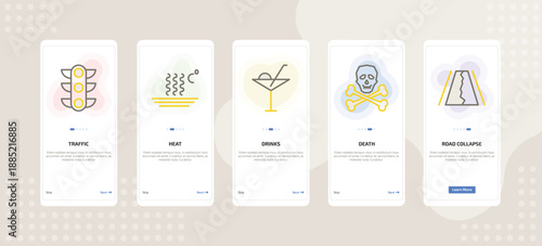 onboarding screen template for symbols mobile app ui with traffic, heat, drinks, death, road collapse icons.