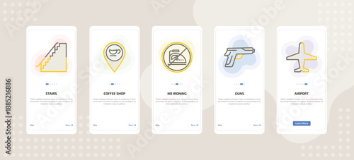 onboarding screen template for symbols mobile app ui with stairs, coffee shop, no ironing, guns, airport icons.
