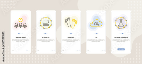 onboarding screen template for symbols mobile app ui with waiting room, is a sub of, barefoot, co2, chemical products icons.