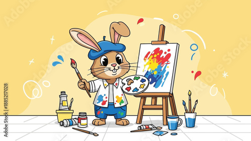 A cute cartoon Easter bunny character celebrates the spring holiday with a funny egg and a gift in this happy vector illustration art design